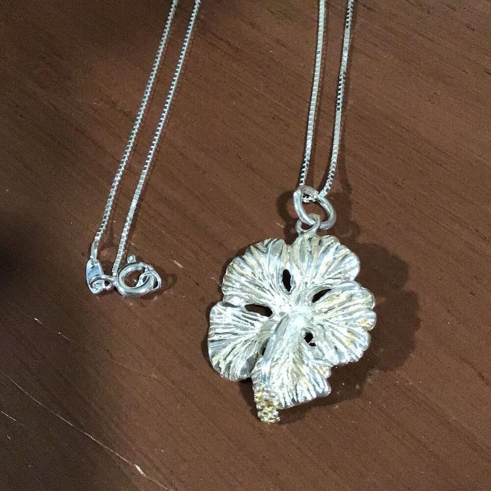 Hibiscus Flower Sterling Silver Pendant, 18", NEW, Handmade